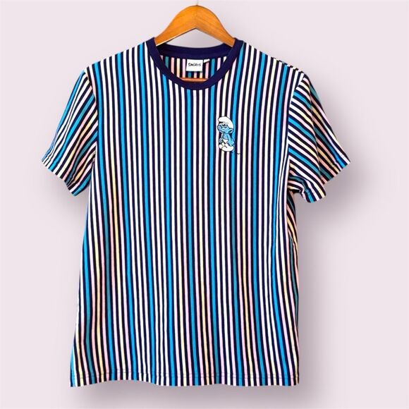SMURFS Striped Short Sleeve Tee Embroidered Smurf On Chest - Picture 1 of 10